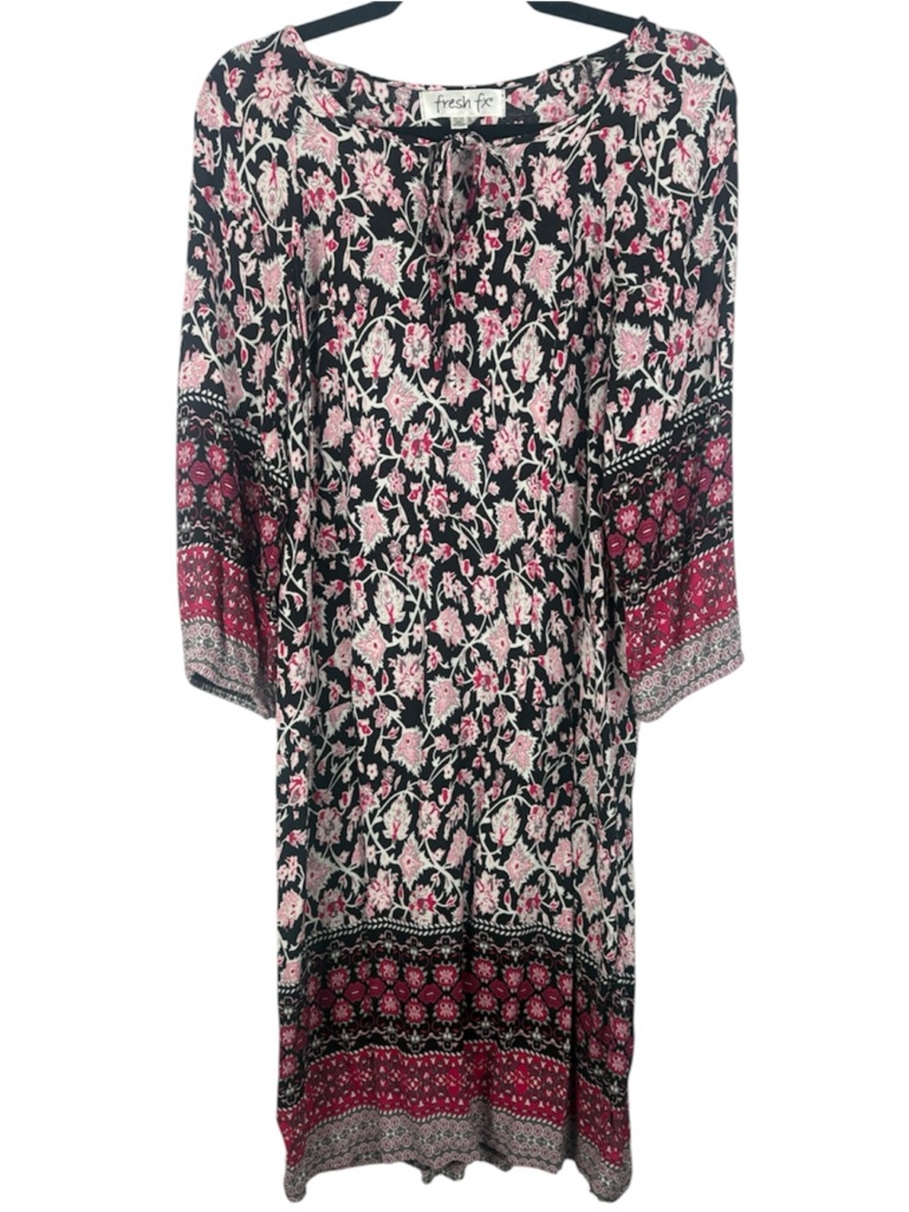 Fresh FX Boho Paisley Floral Long Sleeve Shift Dress - Pink & Black Size Medium